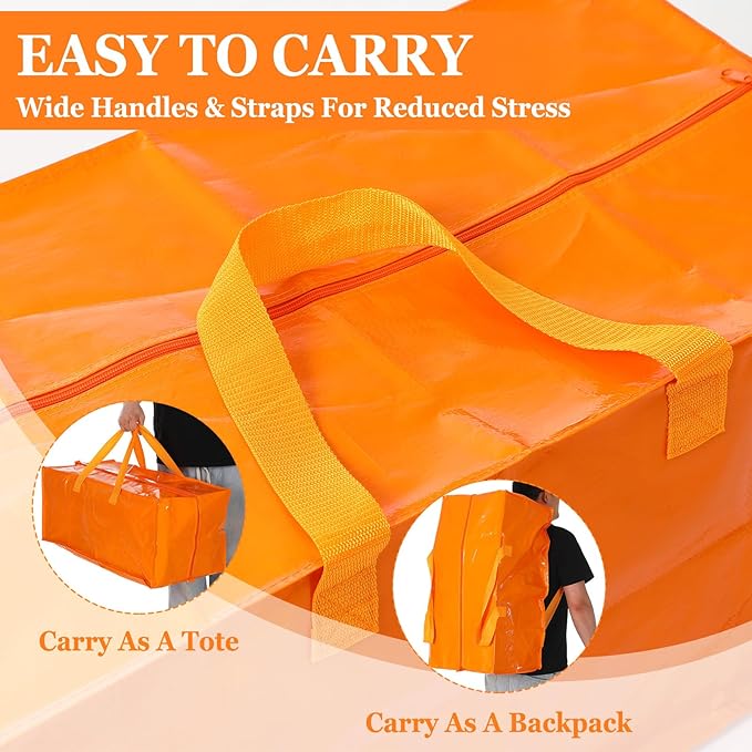 4 Pcs 24 Gallon Extra Large Moving Bags Heavy Duty Storage Bag with Strong Zipper Handle Foldable XXL Jumbo Storage Tote Packing Moving Box for College Dorm Travel Cloth Duffle (Jelly Orange)