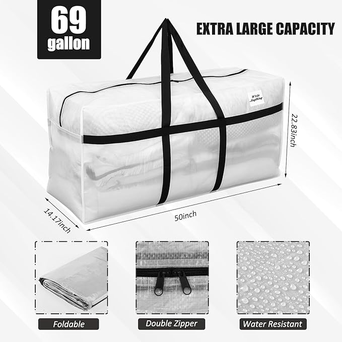Windyun 4 Pack 69 Gallon Extra Large Moving Bags XXL Heavy Duty Storage Bag with Strong Zipper Handle Jumbo Big Tote Box Foldable for College Dorm Travel Clothes Duffle Blanket Pillow(Transparent)
