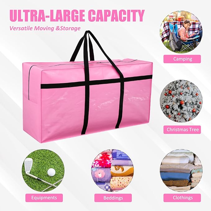 4 Pcs 96 Gallon Extra Large Moving Bags Heavy Duty Storage Bag with Strong Zipper Handle Foldable XXL Jumbo Storage Tote Packing Moving Box for College Dorm Travel Cloth Duffle (Pink)