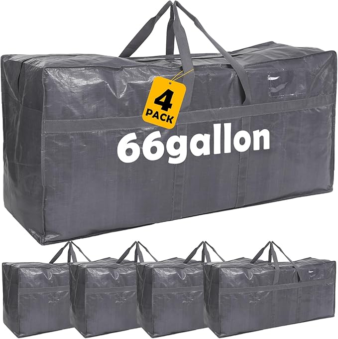 4 Pcs 66 Gallon Extra Large Moving Bags Heavy Duty Storage Bag with Strong Zipper Handle Foldable XXL Jumbo Storage Tote Packing Moving Box for College Dorm Travel Cloth Duffle (Gray)