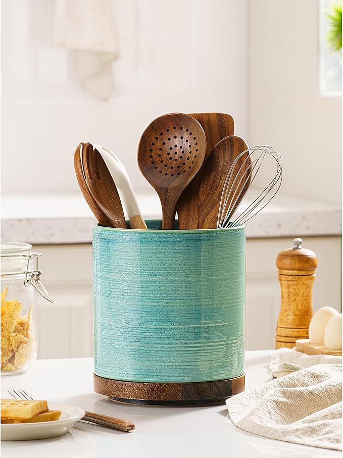 MIKIGEY Utensil Holder, 360° Rotating Extra Large Ceramic Kitchen Utensil Holder for Countertop, Cooking Utensil Crocks for Counter with Rotatable Wooden Base, Farmhouse Kitchen Decor, Green