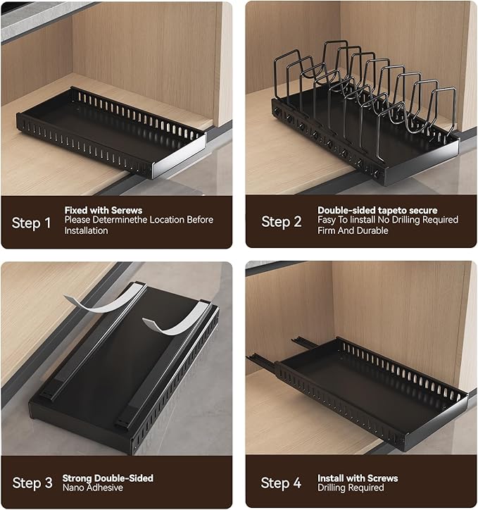 Pots and Pans Organizer Under Cabinet, Pull Out Pots and Pans Organizer, Expandable Sliding Lid Holder and Pan Rack for Pot Lid, Bakeware, Dishes, 10 Adjustable Dividers
