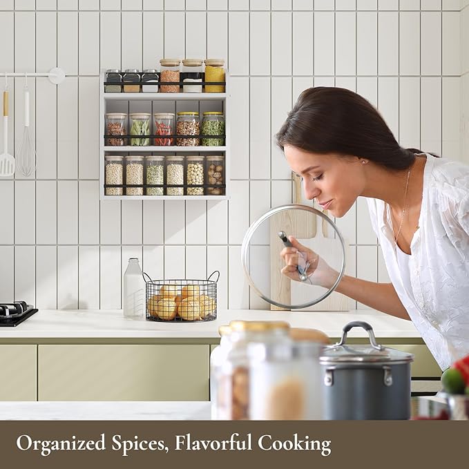 BCOZLUX 3 Tier Wooden Spice Rack, Seasoning Jars Rack Shelf Spice Organizer for Countertop or Wall Mount, Vertical Spice Holder for Kitchen Counter, Cabinet, Pantry, White