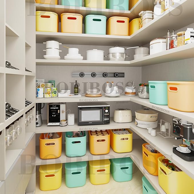 12 Pack Colorful Storage Bins for Shelves, Plastic Storage Containers for Organizing, Stackable Storage Boxes with Handle, Colored Storage Bins for Classroom, Craft, Snacks, Cabinet, 9.7x6.7x5.7 inch