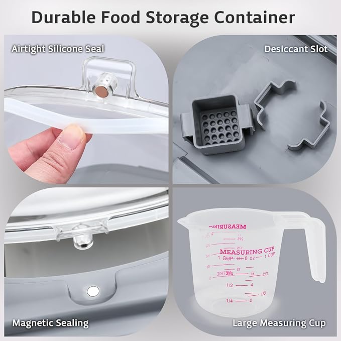 Rice Storage Containers, Collapsible 20 to 30Lbs Food Storage Bin Dispenser with Rolling Wheel and Clear Airtight Lid, BPA Free Flour, Sugar, Cereal and Dog Cat Pet food Containers