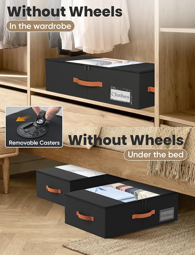 TOSKING Under Bed Storage with Wheels 2 Pack, 4 Vacuum Bags Included, 7.9" Rolling Underbed Bins, Durable Oxford Fabric, 80lbs Heavy Duty Drawer Organizer for Clothes, Shoes, Toys, Black