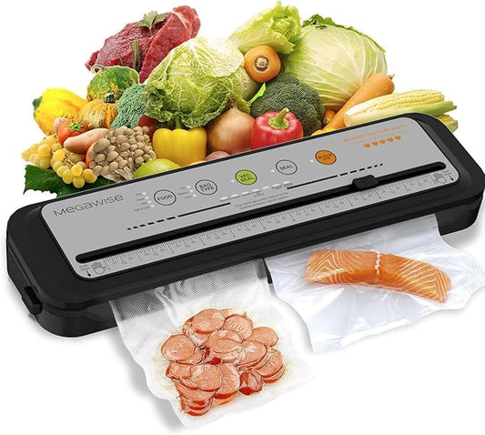 MEGAWISE Vacuum Sealer Machine, 2025 Model with 80kPa Suction Power, One-Touch Operation, Built-in Cutter, Compact Design, Vacuum Bags Included (Grey) (16.14 x 5.59inch)