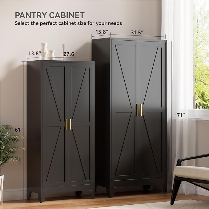 YNIQUESTLE Farmhouse Pantry Cabinet with Barn Doors, 71" H x 31.5" W, 5-Tier Metal Storage Cabinet with 4 Adjustable Shelves for Kitchen Garage Dining Room, Black