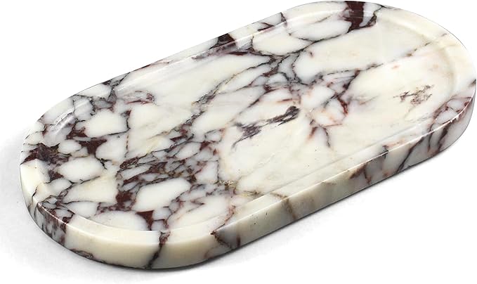 YMXYJM 100% Real Natural Marble Tray for Bathroom, Luxury Calacatta Viola Stone Vanity Tray, Decorative Oval Trays for Countertop Storage Organizer, Dresser, Kitchen, Home Decor, 11.8" x 6", Purple