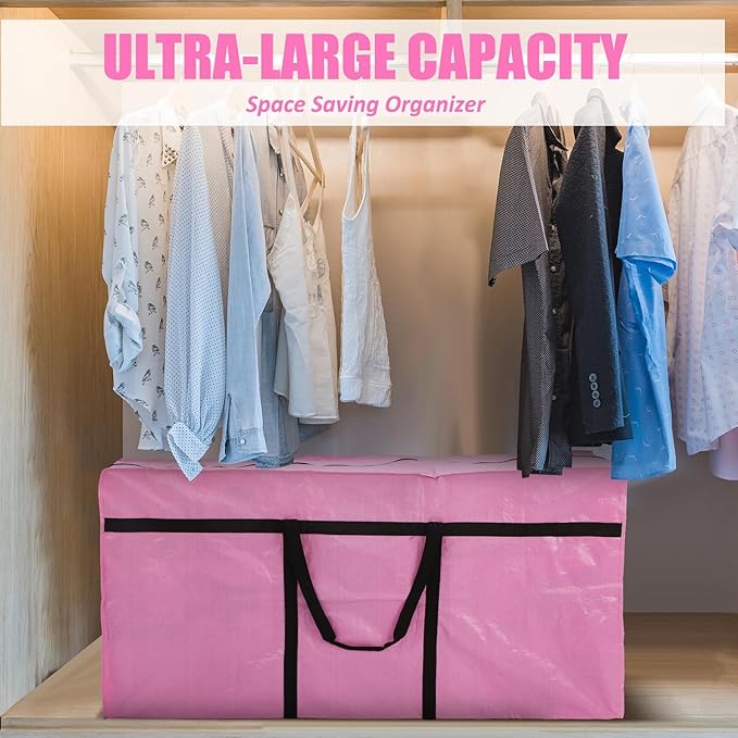 4 Pcs 96 Gallon Extra Large Moving Bags Heavy Duty Storage Bag with Strong Zipper Handle Foldable XXL Jumbo Storage Tote Packing Moving Box for College Dorm Travel Cloth Duffle (Pink)