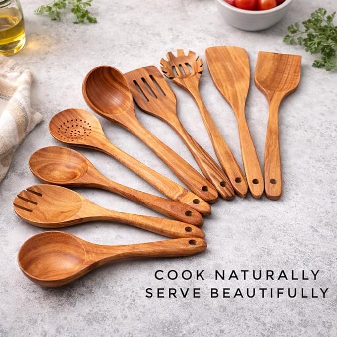 Forestroot 9-Piece Wooden Cooking Utensil Set – Premium Wood Kitchenware for Nonstick Cookware, Heat-Resistant & Durable Wooden Spoons and Spatulas – Eco-Friendly Kitchen Tools for Stirring & Serving