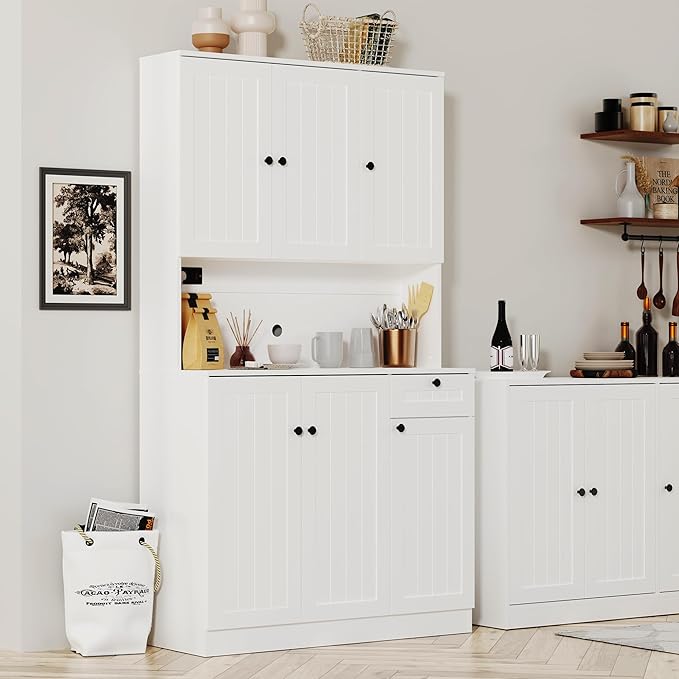 71" Pantry Cabinet with Charging Station, Tall Kitchen Pantry Storage Cabinet with Microwave Stand, Farmhouse Kitchen Hutch with Storage Drawer for Living Room, Dining Room, White