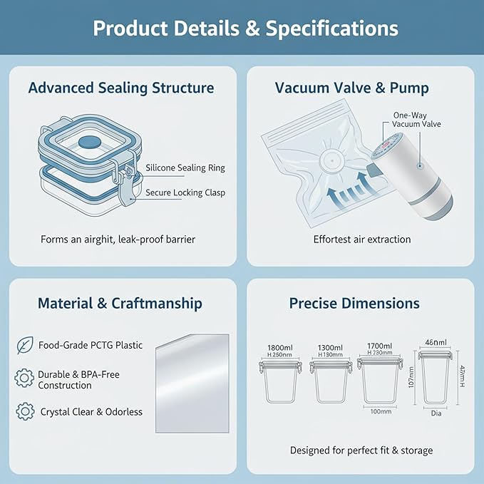 Vacuum Container,Vacuum Seal Containers,4pcs Airtight Food Storage Containers with Lids,4pcs Food Vacuum Bags/ 1pc Automatic Pump,for Kitchen and Pantry Organization (Rectangula)