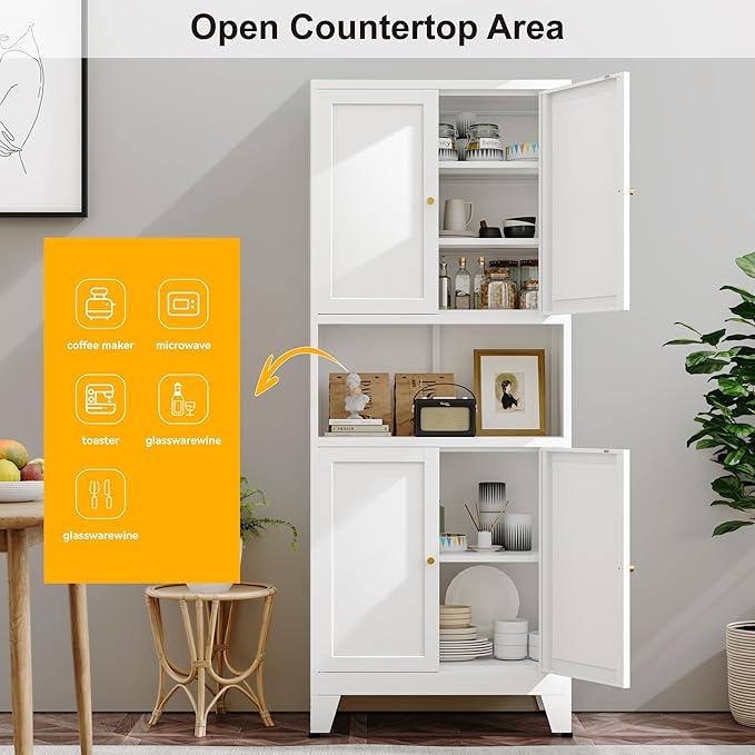 YAUWOH Metal Pantry Storage Cabinet, 69" Tall Storoge Cabinet with 4 Doors & 3 Adjustable Shelves, Microwave Stand with Storage for Kitchen, Dining Room, Living Room (1PC,White)