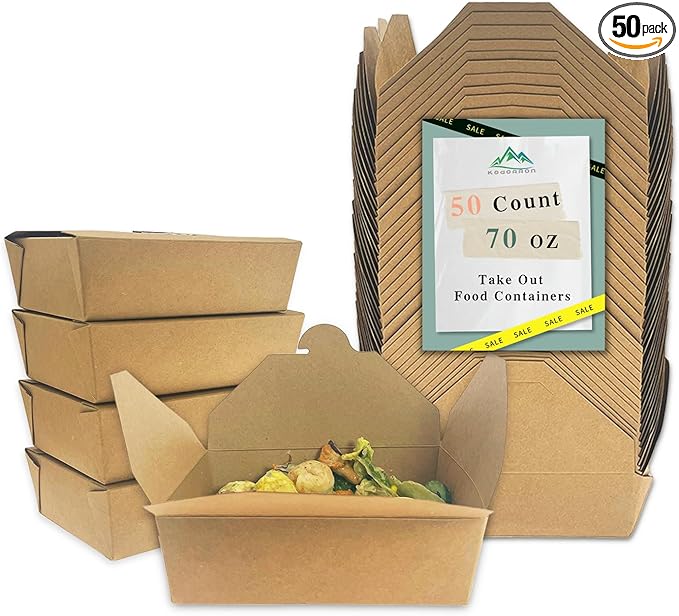 70Oz 50Pcs Disposable Take Out Food Containers, Brown Food Boxes To Go Kraft Paper Takeout Box Microwaveble and Refrigerator Safe(70OZ-50PACK)