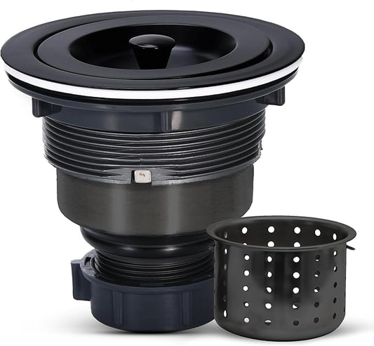 Strictly Sinks Sink Drain Strainer with Removable Basket - 3-1/2 Inch Stainless Steel Round Kitchen Sink Drain Assembly Kit with Deep Strainer Basket & Stopper (Black)