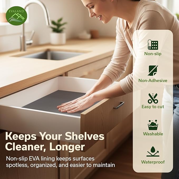 EVALAND Shelf Liners for Kitchen Cabinets Non-Adhesive 17.7" x 33 FT Grey Drawer Liner Non Slip, Washable Cabinet Liner, Waterproof Shelf Liners for Cabinets, Refrigerator Bathroom Pantry Cabinet Mat