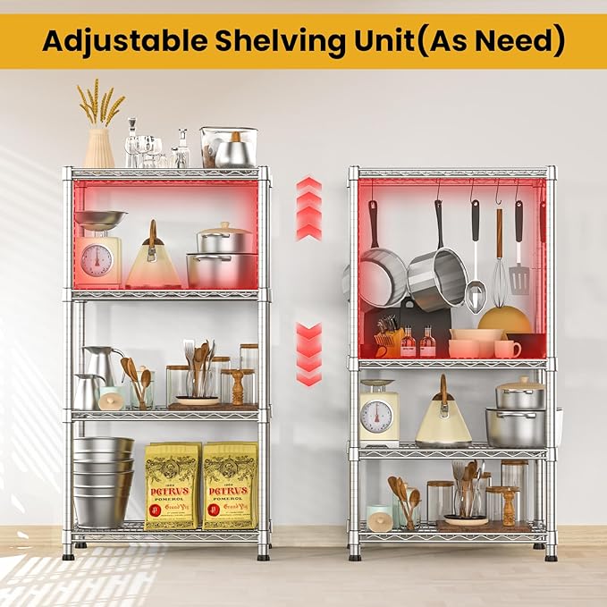 4- Shelf Metal Wire Shelving Unit Adjustable Metal Shelving Sturdy Steel Commercial Garage Storage Shelf organize Rack Units Heavy Duty 2200 LBS,for Laundry Bathroom Organization Kitchen Closet