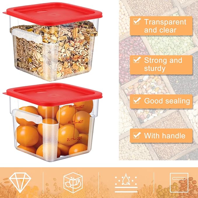 10 Sets 6 Qt Square Food Storage Containers with Lids Commercial Polycarbonate Containers Dough Proofing with Scale Clear Airtight Cereal for Pantry Home Restaurant