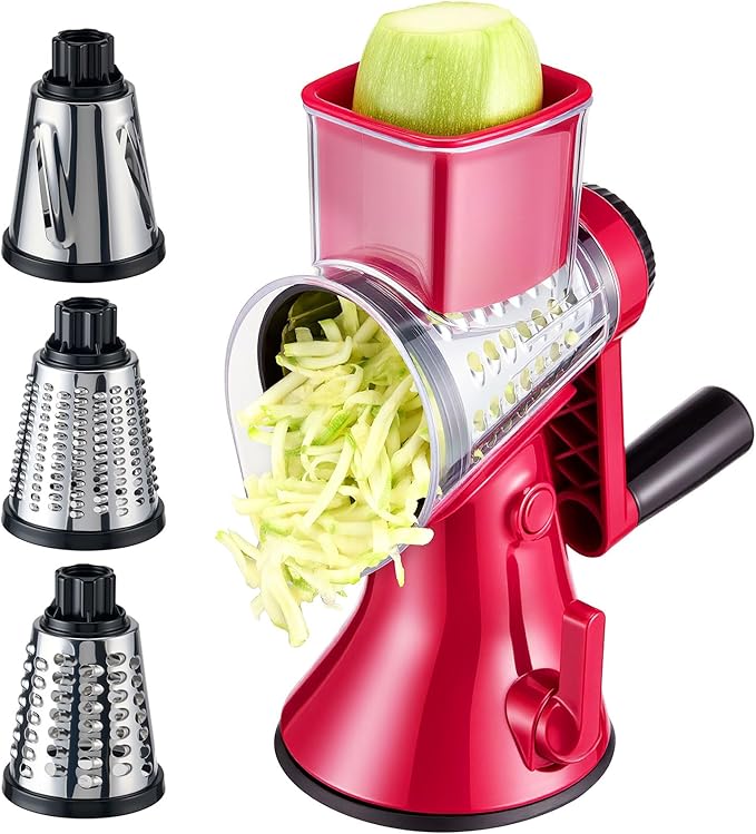 Rotary Cheese Grater with Handle - 3 in 1 Vegetable Slicer Shredder, Kitchen Mandoline with 3 Premium Stainless Steel Blades & Strong Suction Base, Easy Clean Food Chopper for Cheese Vegetables Fruits