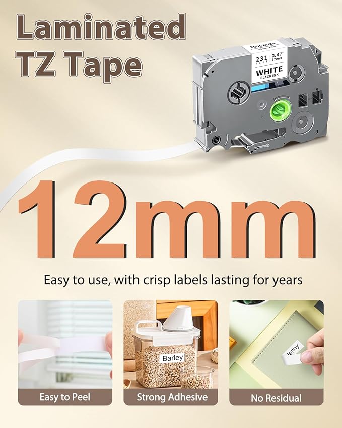 50-Pack TZe-231 TZe231 12mm 0.47 Laminated White TZ Tape Compatible with Brother P Touch Label Maker Tape RefillWork with Brother PTouch D220 PTD210 PTH110 PTH111 PTP710BT PTD400