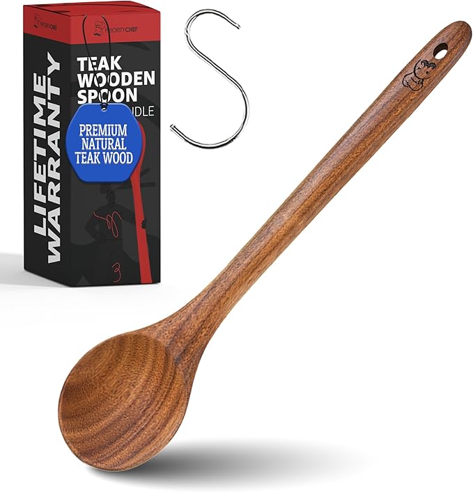 PriorityChef Long Wooden Spoon for Cooking, Durable Teak Large Cooking Spoon for Serving, Stirring & Daily Use – Safe for Nonstick & Cast Iron Cookware