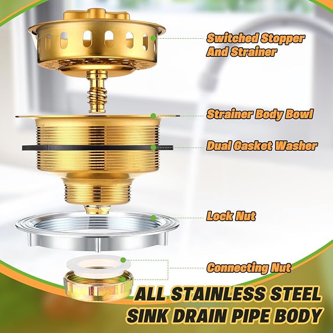 2 Pcs Kitchen Sink Drain Strainer 3-1/2 Inch Gold Stainless Steel Drainer Assembly with T Shaped Strainer Basket and Stopper for Standard 3.5 Inch Sink Drain Hole