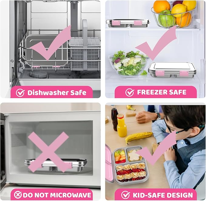 Stainless Steel Bento Box for Kids 1000ml - 3 Compartment Lunch Box for Adults, Leakproof Food Container, BPA-Free Metal Lunch Box with Silicone Seal, Eco-Friendly/Dishwasher Safe (Pink)