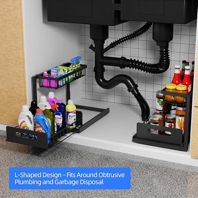 Lxmons 2-Tier Under Sink Slide Out Organizer, Pull Out Cabinet Storage Shelf with Sliding Wire Basket Drawer for Bathroom Kitchen, Countertop or Pantry Shelf, Black