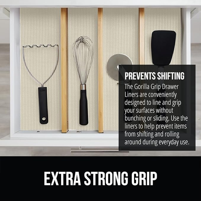 GORILLA GRIP powerGRIP Drawer Shelf and Cabinet Liner, Thick Strong Hold, Non-Adhesive Liners Protect Kitchen Cabinets and Cupboard, Bathroom Drawers, Easy Install, Breathable Mat, 17.5" x30', Cream