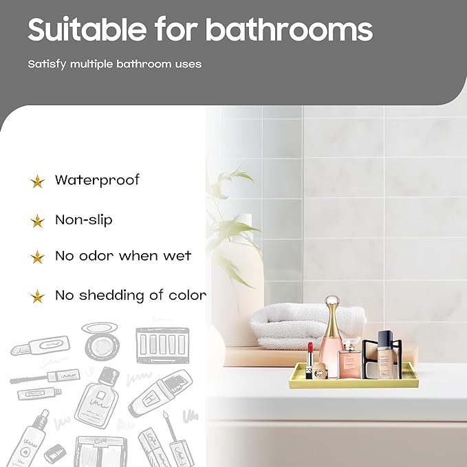 Mriluvy Vanity and Bathroom Tray, 7.7" ABS Countertop Organizer,Waterproof Vanity Tray for Toilet Tank,Perfume,Soap,Keys,Bathroom Accessories,Kitchen and Bath Trays,Non Slip Small Trays,Gold
