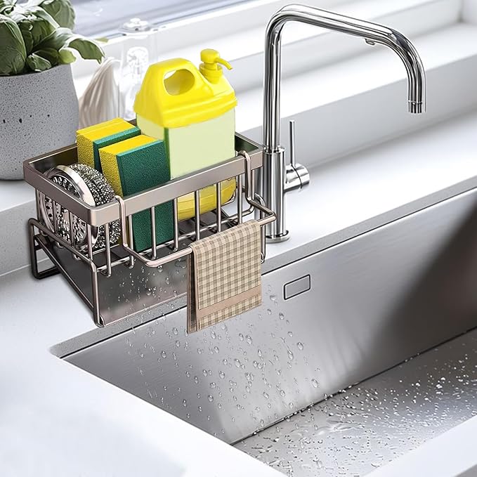 kitchen sink caddy, dish sink sponge holder (With rod-grey)