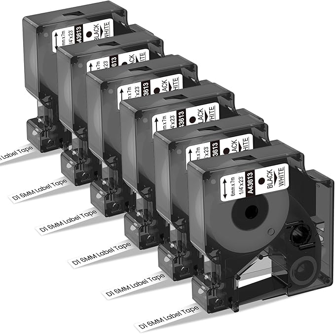 Freshworld Compatible with Dymo D1 Label Tape 1/4 Inch 43613 S0720780 Label Maker Refills d1, Black on White 6mm Refills, for LabelManager 160 210D 260P 280 360D Printer COLORPOP, 23 Ft, 6-Pack