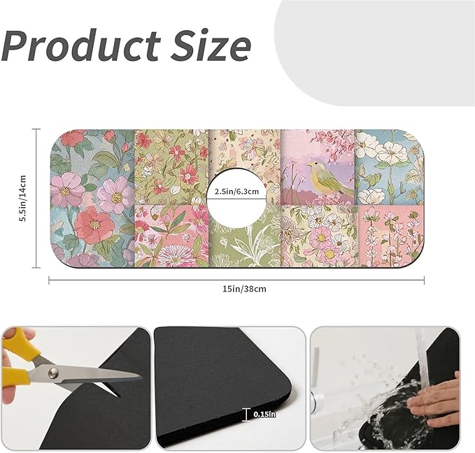 Kitchen Sink Splash Guard，Assembling flowers Faucet Mat Sink Gadgets-Super Absorbent Fast Drying Mat Drip Catcher for Kitchen, Bathroom,Sink Mat, Dish Drying Mat, Bathroom(15" X 5.5" )