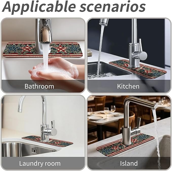 Kitchen Sink Splash Guard，Vintage American star Faucet Mat Sink Gadgets-Super Absorbent Fast Drying Mat Drip Catcher for Kitchen, Bathroom,Sink Mat, Dish Drying Mat, Bathroom(15" X 5.5" )