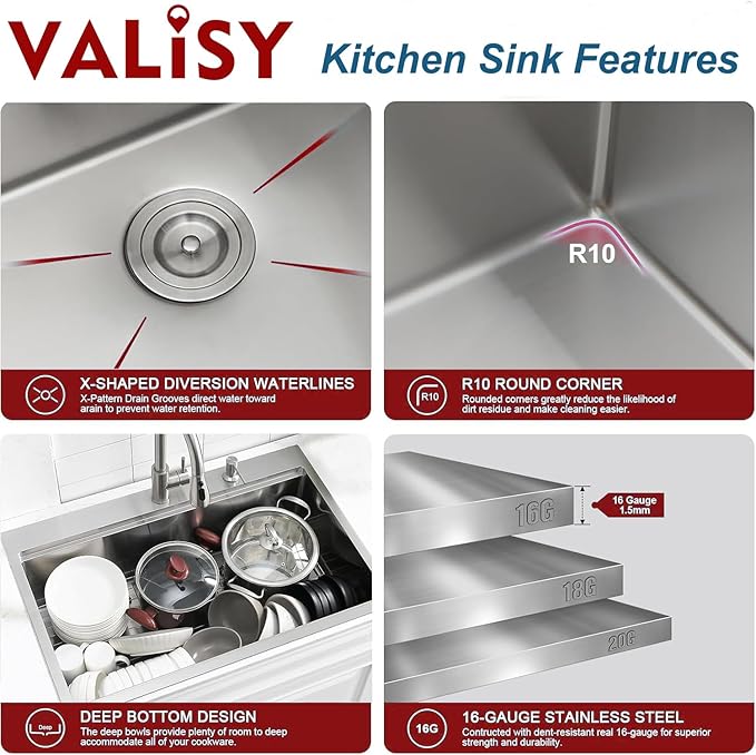33x22 Drop in Kitchen Sink, 304 Stainless Steel Top Mount Workstation Sink, 16 Gauge Single Bowl Kitchen Sinks with Accessories for Kitchen Laundry Utility