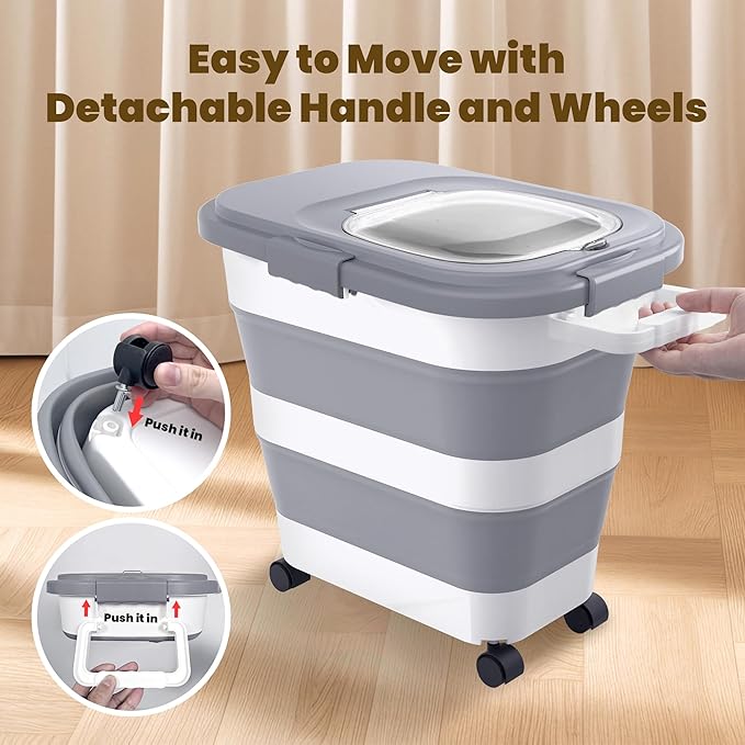 HOYTAMDA 25-35Lbs Rice Container,Collapsible Airtight Food Storage Containers with Wheels,Handle,Rice Storage Container with Small Bin and Scoop,Rice Dispenser for Flour Sugar Cereal Grain Dog Cat