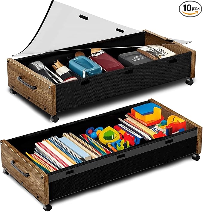 KITHELP Wooden Under Bed Storage with Wheels, 80L Extra-large Rolling Under the Bed Storage Bins 2 Pack with Removable Lid, Upgrade Metal Under Bed Drawers for Clothes Shoes Blankets in Bedroom
