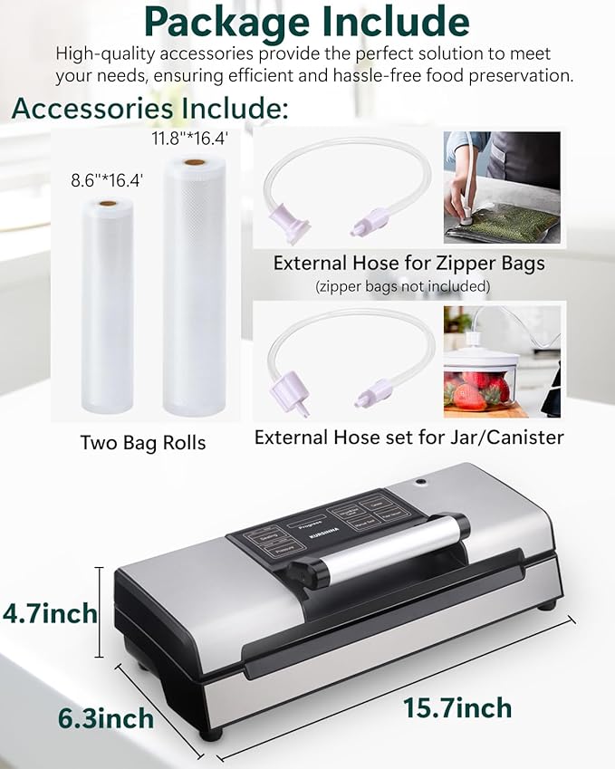 Vacuum Food Sealer Machine, 95Kpa Automatic Food Sealer, Low Noise Food Vacuum Saver with Sealer Bags, Roll, Build-in Cutter, Handheld and Compact Design