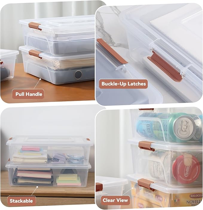 novelinks Clear Stackable Storage Bins with lid Storage Boxes Durable Plastic Organizer Containers for Home Office, Kitchen, Craft Supplies (10 Quart 4 Pack Brown)