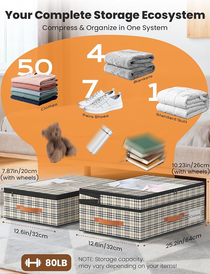 TOSKING Under Bed Storage with Wheels 2 Pack, Adjustable Height 7.9"-10.2", 6 Vacuum Bags, 900D Oxford Rolling Underbed Bins, Heavy Duty Drawer Organizer, Organizer for Clothes, Shoes, Houndstooth