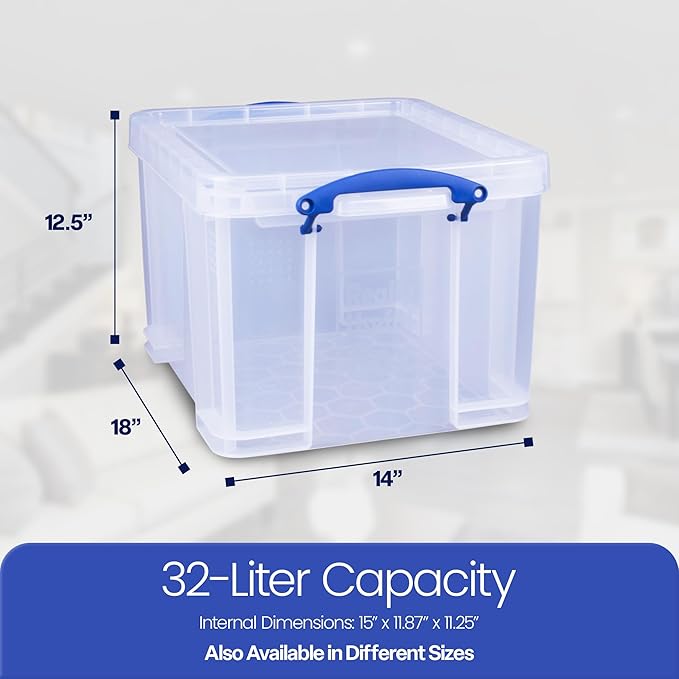 Really Useful Box 32 Liters Storage Bin Container with Snap Lid and Clip Lock Handles for Lidded Home and Office Storage Organization, 9 Pack