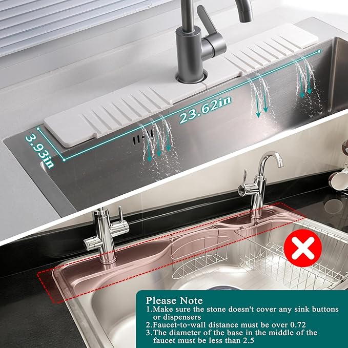 Stone Faucet Mat for Kitchen Sink,Stone Sink Mat for Kitchen Faucet – Fast Drying Diatomite Mat Splash Guard with Drain Grooves,Quick Dry Drip Catcher for Bathroom & Kitchen(23.62×3.94in)