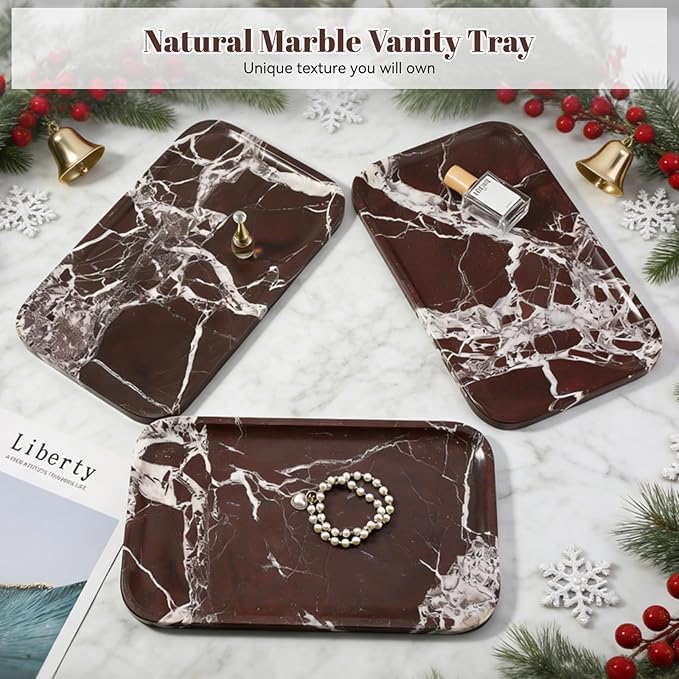 Karibiber Marble Vanity Tray, Large Stone Bathroom Tray for Countertop, 14'' Rose Red Genuine Marble Decorative Tray for Dresser, Green Kitchen Trays for Counter,Perfume Storage, Non-Resin/Ceramic