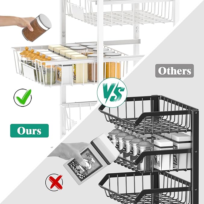 Giwil Vegetable Fruit Basket for Kitchen Pantry Organizers Storage, 4-Tier Utility Rolling Cart on Wheels with Wood Top and Drawer Wire Baskets for Onions Potatoes Snacks, White
