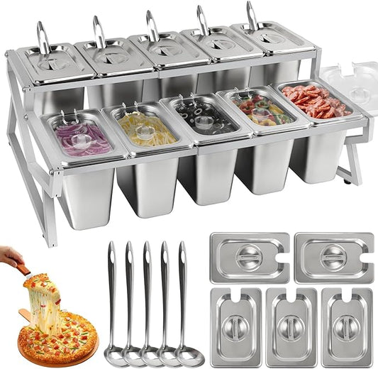 Lanstics 10 Pans Pizza Topping Station 2 Row Adjustable Pizza Storage Container Topping containers with Lids Condiment Organizers Buffet Containers Set for Restaurant Pizza Sauce Jam Fruit Ingredient