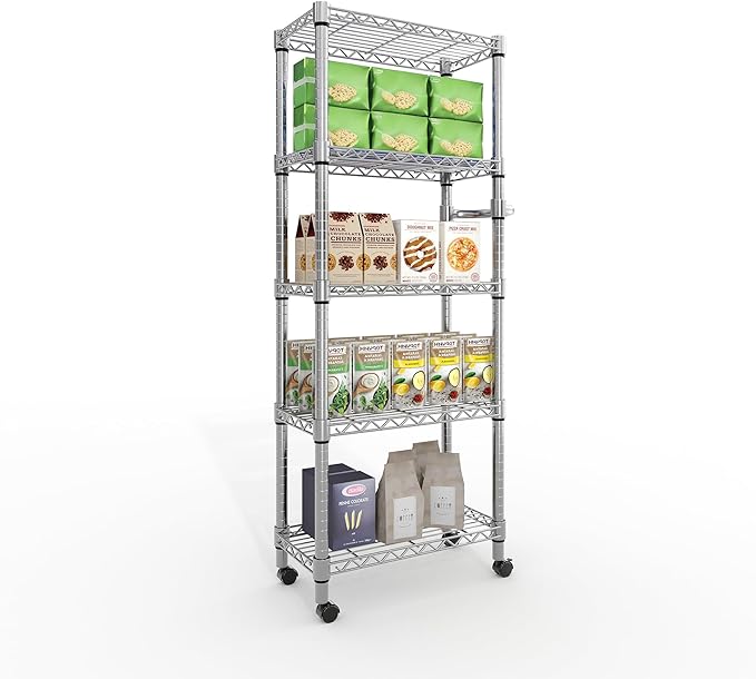 5-Tier Storage Shelves 1100 LBS Heavy Duty Metal Wire Rack Shelving with Lockable Wheels, 61" H Rolling Storage Rack for Pantry Kitchen Garage Bedroom Organization