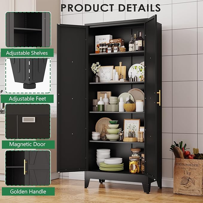 71" Tall Kitchen Pantry Cabinet, Metal Storage Cabinet with 2 Doors and 4 Adjustable Shelves, Black Food Pantry Cupboard for Kitchen, Dining Room, Living Room and Bathroom (Black)