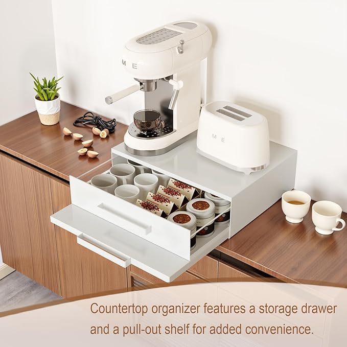 VibeNest Steel Microwave Stand with Pull-Out Drawers & Shelves | Countertop Organizer for Compact Microwaves, Coffee Station & Kitchen Appliance Storage (White+Drawer+Shelf)