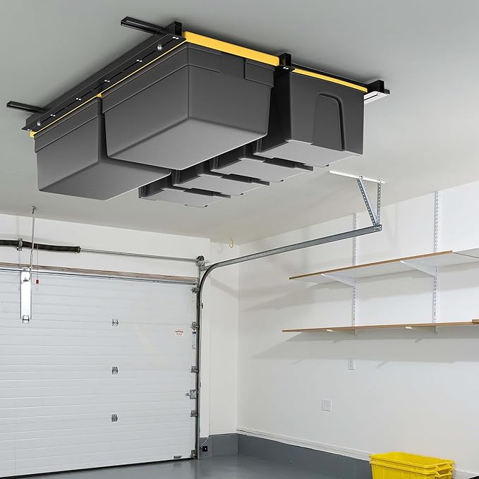 WALMANN Overhead Tote Storage Rail System, Garage Ceiling Bin Storage Rack Heavy Duty Adjustable Tote Slide Rails(Black, Bins not Included)